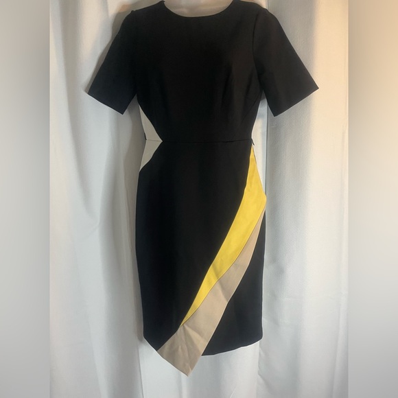 White House Black Market Dresses & Skirts - White House Black Market Dress Black w/Yellow & Beige- 6p NWT ( missing belt)